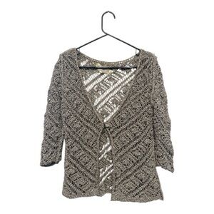 Y2K Era Elisa Cavaletti Open Knit Cardigan - Tan with Metallic Sequins M/L